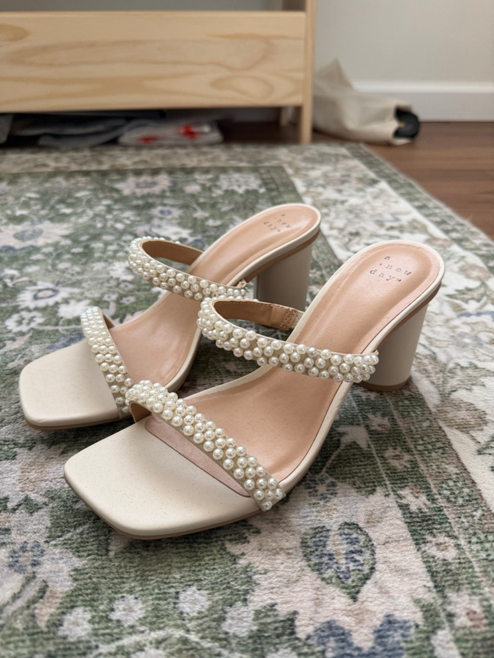 a new day Pearl-Trim Cream Block Heel Sandals